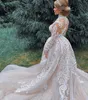 New Blush Pink Mermaid Wedding Dresses Long Sleeves High Neck Illusion Lace Appliques Beads Detachable Train Sexy Button Back Bridal Gowns