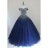 Off The Shoulder Navy Blue Ball Town Prom Dress Hoge Kwaliteit Kralen Pailletten Lace-Up Avondjurken