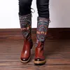 botas altas Sale-moda botas mulheres inverno quente 2019Embroidery Lace emenda Shoe Padrão Plano estilo Bohemian joelho com couro macio