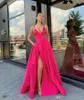 Seksi Ucuz A Hattı Gelinlik Modelleri Spagetti sapanlar Yüksek Yan Bölünmüş Saten Zemin Uzunluk Pileleri Örgün Elbise Abiye Giyim Ogstuff