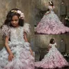 2021 Cute Flower Girl Dresses Jewel Neck Appliqued Beaded Feather Girl Pageant Gown Cascading Ruffle Sweep Train Custom Made Birthday Gowns