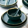 100% New Green Ceramic Gold Inlay Plate Bistecca Piatto da tavola Ciotola da tavola Ins Piatto da pranzo Set di stoviglie in porcellana di fascia alta