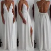Oeak sexig v-nacke ärmlös sommarklänning kvinnor vit maxi lång klänning hög midja mode bandage party boho beach vestido