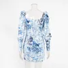 Women Floral Print Vintage Dress Puff Sleeve Blue and White Porcelain Print Mini Dress Party Night Elegant Bodycon Dresses