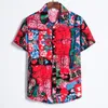 الصيف رجل قميص رجل العرقية مطبوعة حامل طوق القطن الكتان الشريط قصير الأكمام فضفاضة قميص هاواي قميص هاواي قميص # 0323G30