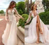 Romantische sexy Brautkleider 2020, tiefer V-Ausschnitt, durchsichtiger Rücken, lange Ärmel, mit Knopfapplikationen, Sweep-Zug, Brautkleid, Brautkleider