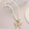 Fashion Rhinestone Butterfly Pendant Necklaces For Women Beaded Chain Simulated Pearl Choker Necklace Jewelry Boho