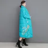 Damska chińska styl parka płaszcz druk zima bawełna wyściełana długą kurtka moda grube ciepłe płaszcze