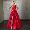 Satin A Linha Vestidos Sexy de um ombro Prom Vestidos Pageant Alta Parte Dividir Runway Vestidos Red Carpet