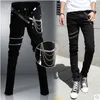 Jean déchiré avec trous de rue pour hommes, pantalon crayon en Denim avec chaînes, Slim, personnalité, Rivets, Punk, noir et blanc, fermeture éclair, 2020, 1287p