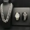2cm Hip Hop Gold Color Iced Out Crystal Miami Cuban Chain Gold Silver Men Watch & Necklace & Bracelet Set Hip Hop King New1268s