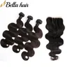 Maleisische haarbundel met sluiting Body Wave Onverwerkte Menselijke Maagd Haar Inslag Extensions 4x4 3 Deel Kantsluiting 4pcs / lot DHL Bella Hair