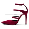 Hot Sale-Famous Ladies Women Prom Open Shoes Pumps Sexig Grunt Månad Suede Bourgogne Pointed Stiletto Straps High Heels