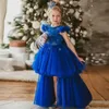 Royal Blue Little Girls Pageant Party Jurken 2020 See Through Lace Back Ruches Cap Sleeves Tiered Hi-Lo Princess Flower Girl Dress Al4183