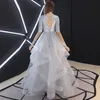 2019 Nouveau Tulle Argent A-ligne Longue Robes De Bal Modestes Avec Demi Manches 1/2 Longueur De Plancher Volants Jupe Paillettes Top Ados Filles Robe Scintillante