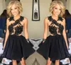 Black Newest Homecoming Dresses Lace Applique Illusion Bodice Sleeveless Jewel Neck Custom Made Tail Party Evening Gown