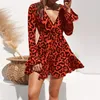 Verão Chiffon Dress Mulheres Leopard Impressão Boho Beach Vestidos Casuais Ruffle Manga Comprida A-Linha Mini Festa Vestido Vestidos