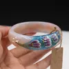 Last One natural green red pink agate Peacock flower pattern bangle size 64 mm +box