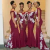 2020 elegante bordeaux met witte applicaties zeemeermin bruidsmeisje jurken Afrikaan van de schouder Lange bruiloft Guest Avond Prom Gowns BM1648