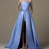 Blue Strapless Prom Dresses Satin Bow Sashes Girls Pageant Gowns With Wraps Floor Length A Line Women Formal Clothing