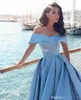 2019 New Sexy Sde Split Prom Dresses Satin Long Vestido Special Occasion Gowns Arabic Sky Blue A Line Off The Shoulder Evening Dre2756