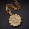 Hotsale Rotating Yellow White Gold Plated Full Rhinestone Flower Pendant Necklace with Free Cuban Chain for Men Women Hot Gift