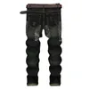 Unique Mens Distressed Ripped Straight Leg Jeans Fashion Designer Retro Washed Embroidery Bleached Streetwear Black Denim Pants JB164