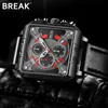 BREAK Men 2019 New  Top  Quartz Sport Watch Square Dial Leather Strap Calendar Gift Wristwatches