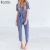 Zanzea Women Casual Rompers Belt Ladies Striped Jumpsuits Female V Neck Playsuits Pant Elegant Work Overalls Plus Size Pantalon j190723