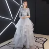 2019 New Silver Tulle A-line Long Modest Prom Dresses With Half 1/2 Sleeves Floor Length Ruffles Skirt Sequins Top Teens Girls Sparkly Dress