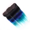 # 1B / Blue / Teal Ombre Прямые индийские человеческие волосы 3 пучка и лобные черные корни Blue Teal 3Tone Ombre Кружевная фронтальная застежка 13x4 с плетением