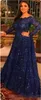 Niebieskie długie granatowe rękawy Sukienki na studniówkę eleganckie z zapiekanego dekoltu koronkowe cekiny tiulowe