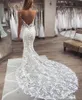 Fabuloso laço appliqued sereia vestidos de casamento cintas de espaguete sexy aberto volta vestidos de noiva vintage tribunal trem árabe aso ebi ve279t
