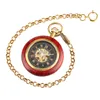 Antique Classic Retro Hand Winding Mechanical Pocket Watch Red Wood Skeleton Dial Roman Numeral Clock for Men Women Golden Pendant Chain