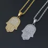 Hip Hop Iced Out Full Rhinestone Hamsa Hand Of Fatima Necklaces Pendants For Women/Men Jewelry Gold Color Stainless Steel Chain