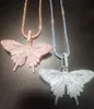 14K Iced Out Pink Butterfly Hänge Halsband Bling Bling Micro Pave Cubic Zirkon Hängande Julfest Smycken