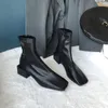 Gran oferta-botas de calcetín de Pu elásticas de tacón grueso para mujer, botines de punta cuadrada Vintage para mujer, diseñador sólido de invierno para mujer