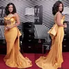 2020 African Gold Mermaid Celebrity Dresses With Over Skirt Jewel Sweep Train Sequins Beads Formal Prom Party Gowns Special Occasion Dress