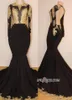 Verkliga bilder 2019 Designer Black Mermaid Prom Klänningar med guld Lace Appliqued Sexig Backless Långärmade Kvällar Vestidos BC1255