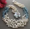 Handmade beautiful 4strands aquamarine white freshwater cultured pearl shell button flowers necklace long 45cm