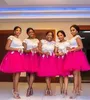 2020 Fuchsia African Plus Size Bridesmaid Dresses Short Capped Sleeves With Lace Applique Wedding Guest Dresses KneeLength Cockta5356029