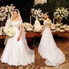 Na moda 2018 Sheer Manga Longa Vestidos de Casamento Indiano Scalloped Off The Shoulder Decote A Linha Zipper Voltar Lace Árabe Vestidos de Noiva