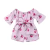 Baby Girls Romper Ins Bow Flower Print Romper Barn Off Shoulder Jumpsuits Nya Sommar Fashion Boutique Kids Clothing Z01