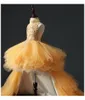 Fluffy Gold Tulle Girl's Pageant Dress Birthday Party Dress Hi-Lo Sequin Beads Flowers Girl Princess Dress Kids First Communi210p