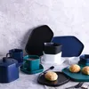 Set da tè in ceramica pentagonale Teiera Tazza da tè e piattino per fiori a foglie sfuse Verde opaco Bianco Nero Blu scuro