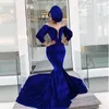 Heißes Angebot Blaue Meerjungfrau mit langen Ärmeln Abendkleider Sheer Tiefer Ausschnitt Abendkleider Sweep Zug Samt Plus Size Formelles Kleid