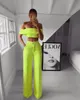 STYLISH Lady Neon Green 2 Piece Set Women Solid Off the Shoulder Crop Top and Wide Leg Pants 2019 Sexy Summer Club Party Two Piece Outfits