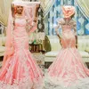 Blush Pink Lace African Aso Ebi musulmán sirena vestidos de novia con media manga apliques vestido de novia nigeriano cubierto con botones