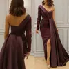 Aubergine violet robes de soirée une épaule dentelle Appliques Sexy fendu longues robes de soirée de bal sur mesure de haute qualité