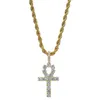 Hip Hop glacé Zircon Baguette croix Ankh clou pendentif avec chaîne de corde bijoux pour hommes or argent cubique CZ pendentif collier